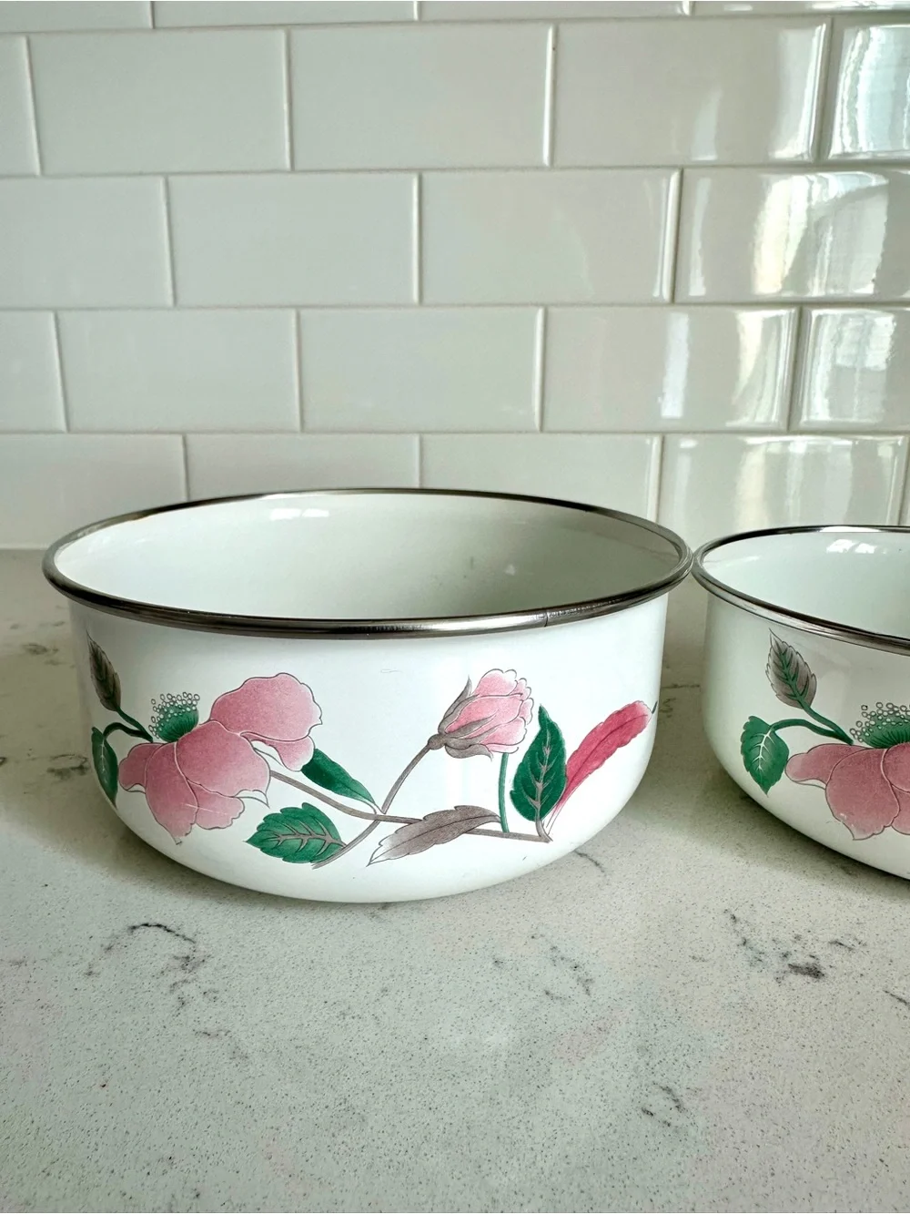 Vintage Mikasa Metal Bowls Set of 2 | Pink Floral Enamel Bowls
